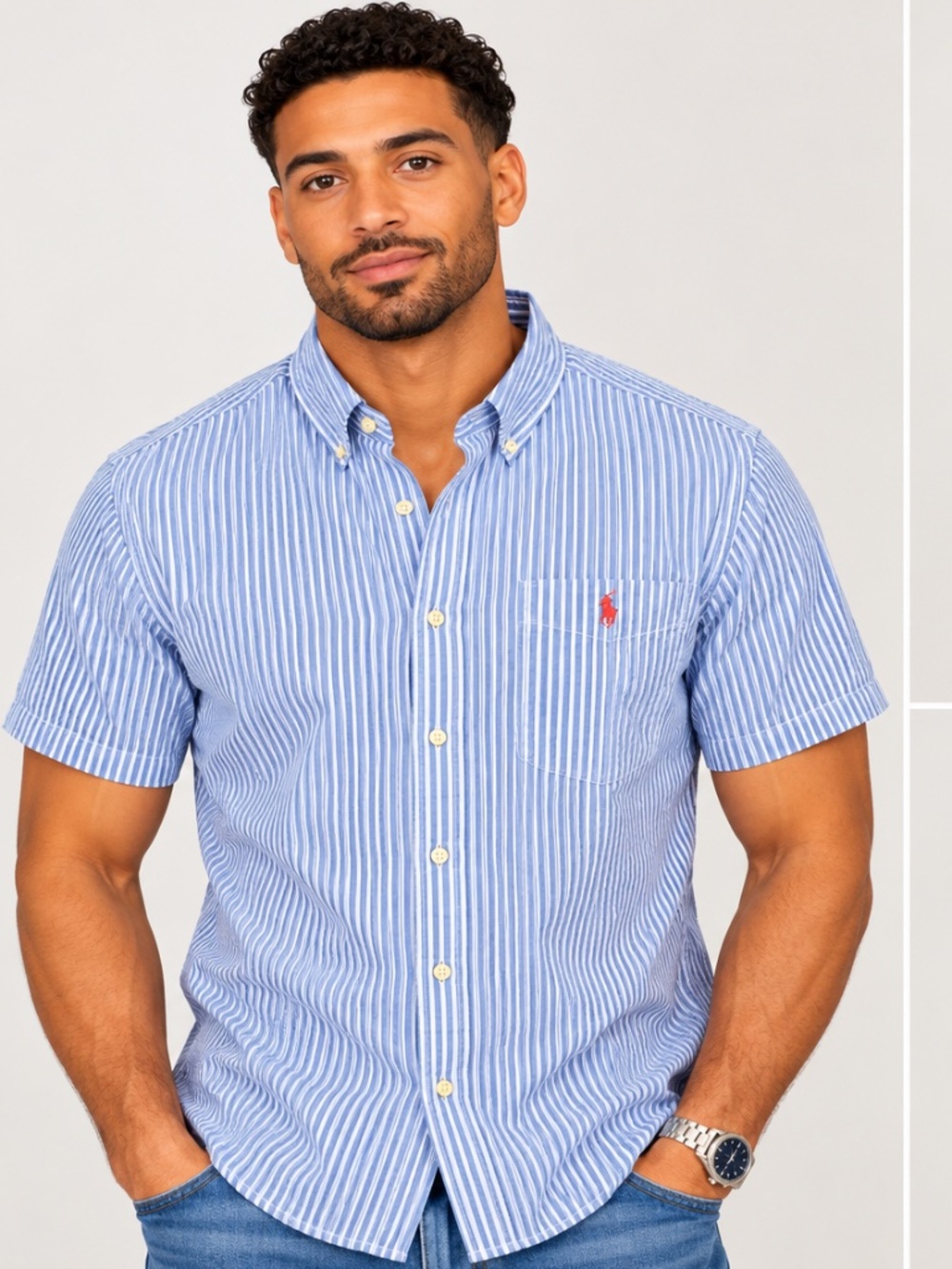 Ralph Lauren and Polo blue and white pinstripe pink pony